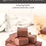 A plate of chocolate fudge squares stacked on a white plate with the text Easy 5-Minute Microwave Fudge.