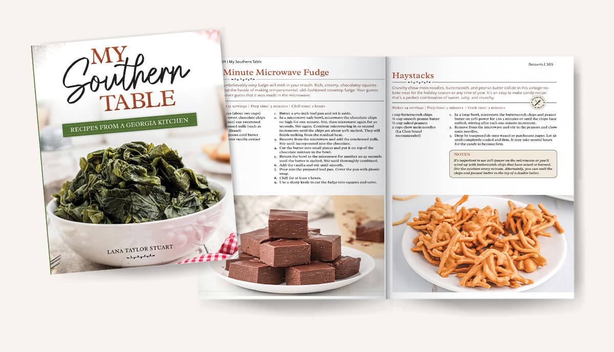 Mockup of pages 304-305 in My Southern Table cookbook.