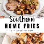 Home fries on a plate with green beans and ham.