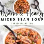 Bowls of mixed bean soup with sausage, garnished with herbs, and two spoons on a white marble surface.