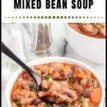 A bowl of hearty mixed bean soup with sausage, garnished with herbs, and a spoon inside the bowl.