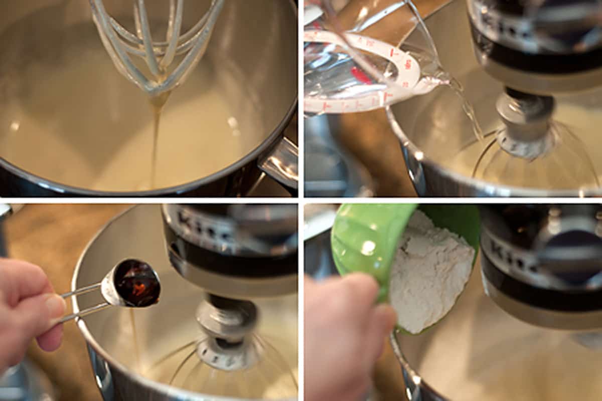Photo collage showing how to mix the batter in a stand mixer.