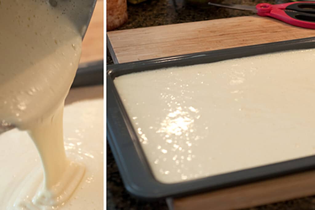 Pouring batter into the prepared pan.