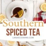 White cups of spiced tea with orange slices and cinnamon sticks on a rustic table with a teapot and lemons.