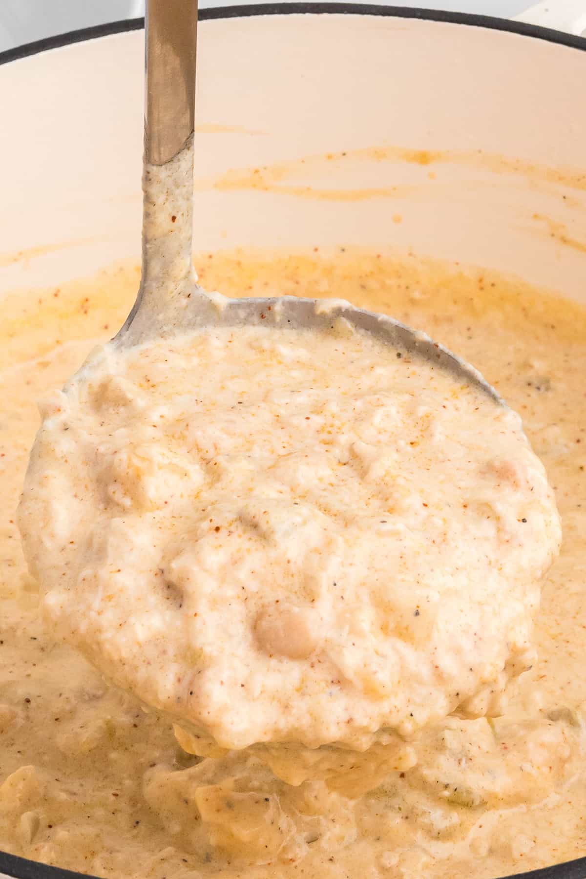 A ladle filled with chicken chili suspended over a pot.