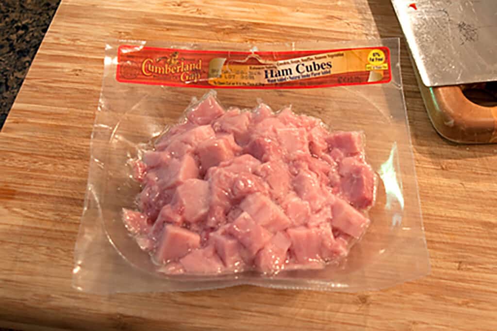 A package of purchased cubed ham.