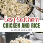 A pan of chicken and rice with a serving spoon, and a plate with a portion of the dish beside a glass of water. Text reads Easy Southern Chicken and Rice.