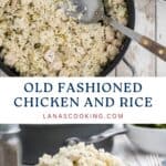 A skillet and plate filled with old fashioned chicken and rice, served with a side of broccoli.