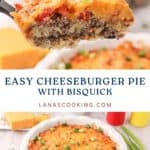 A slice of cheeseburger pie with melted cheese and green onions, served from a baking dish.