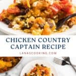 Chicken Country Captain served over rice, topped with almonds and raisins on white plates; napkin and fork nearby.