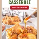 Bowl of French toast casserole topped with nuts, with syrup being poured over it.