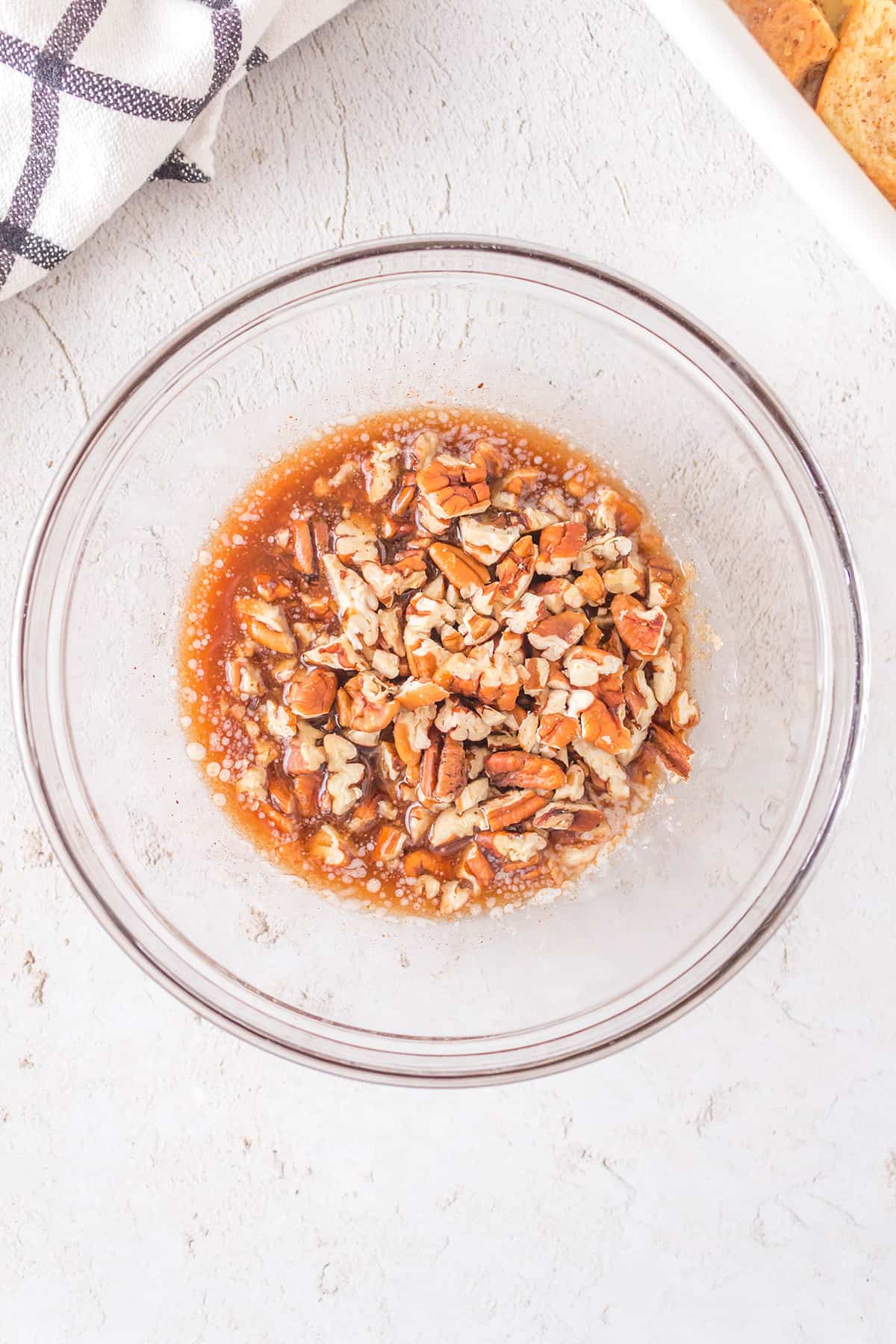 Pecan topping mixture in a bowl.