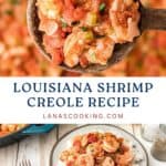 A wooden spoon with shrimp creole above a plate of shrimp creole served over rice.