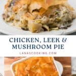 A serving of chicken, leek, and mushroom pie with flaky pastry, shown on a plate and in a baking dish.