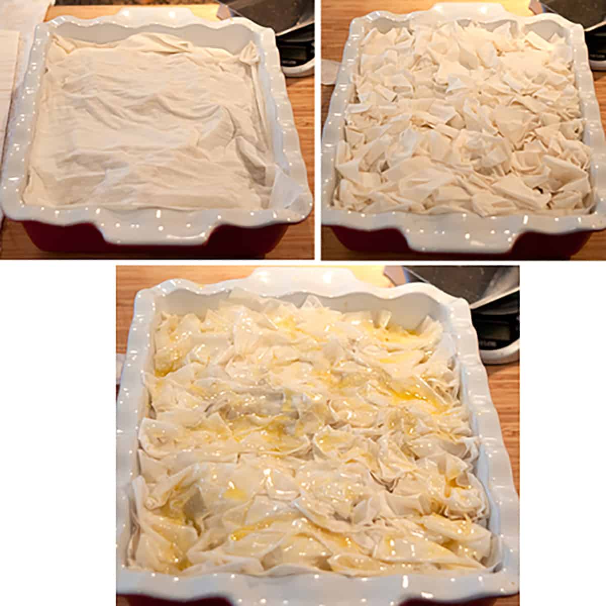 Adding phyllo dough to the baking dish.