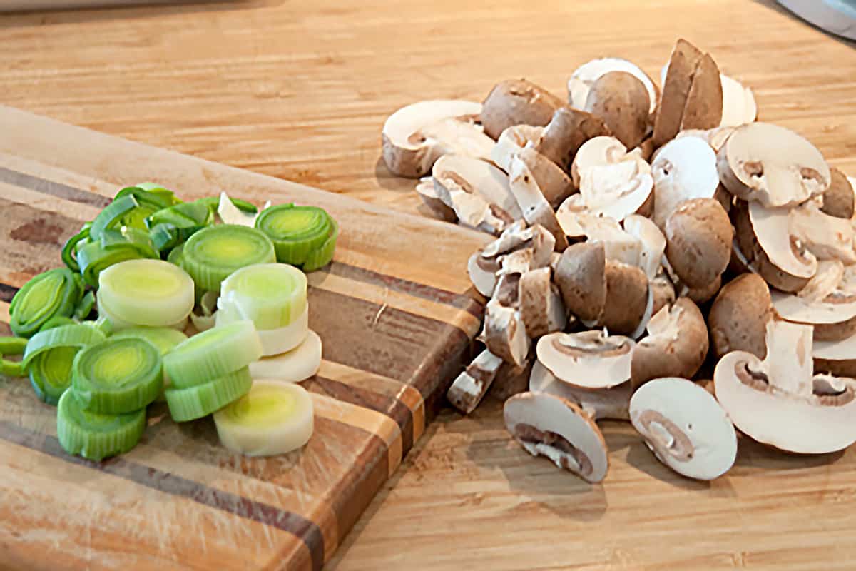 Sliced leeks and mushrooms.