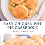 Three golden biscuits on creamy chicken pot pie casserole with mixed vegetables on a white plate with a fork.