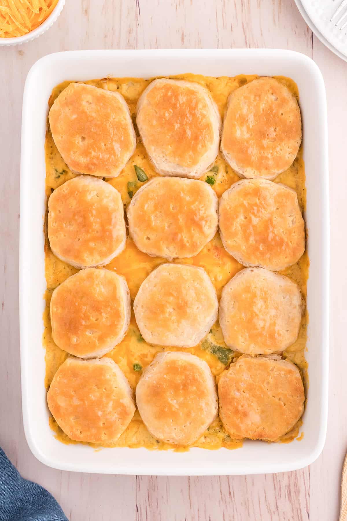 Finished casserole with biscuits on top.