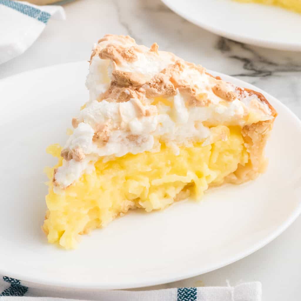 A slice of pie on a white serving plate.