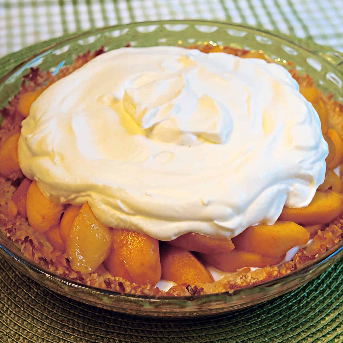 Finished pie in a glass dish.