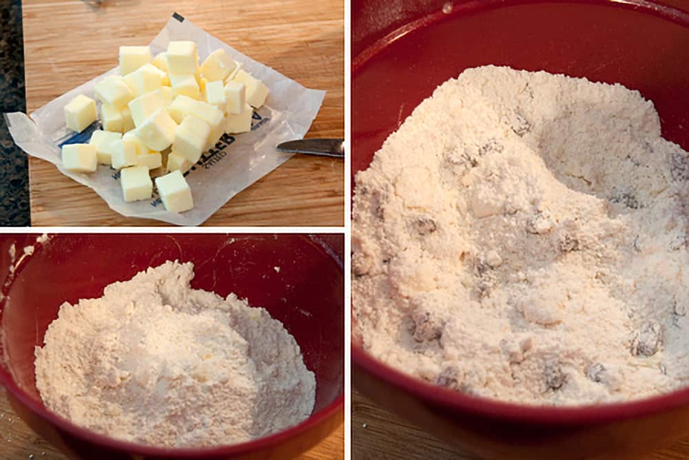 Cutting butter into the flour and adding raisins.