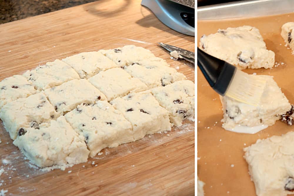 Dough cut into 12 squares.