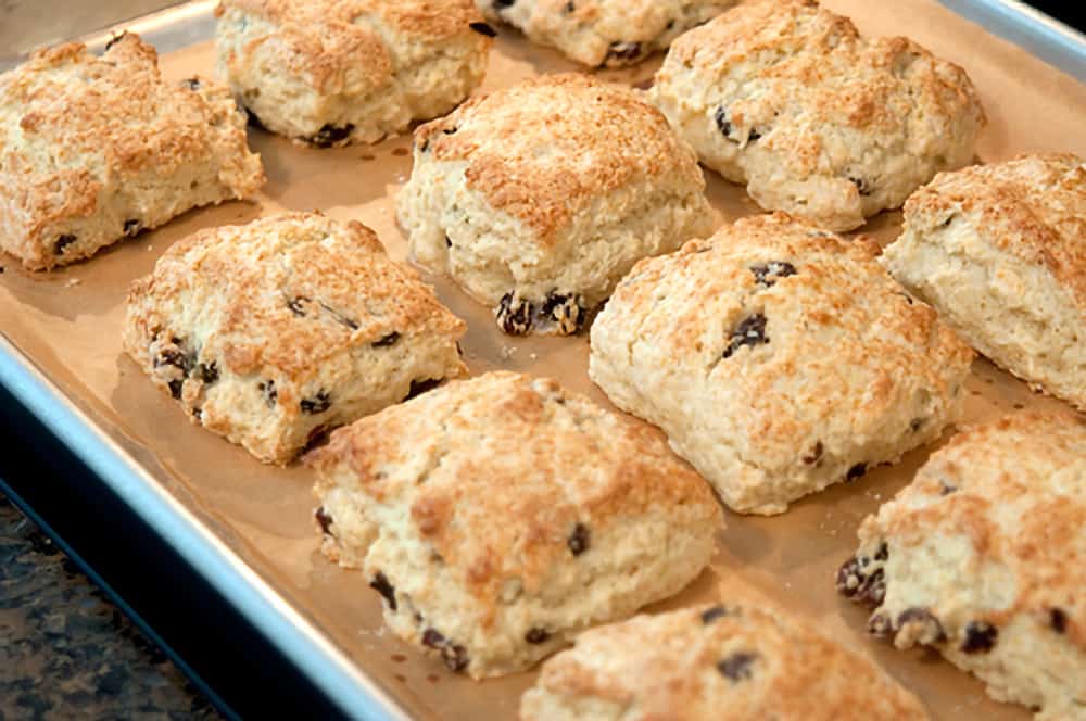 Finished scones on a baking sheet.