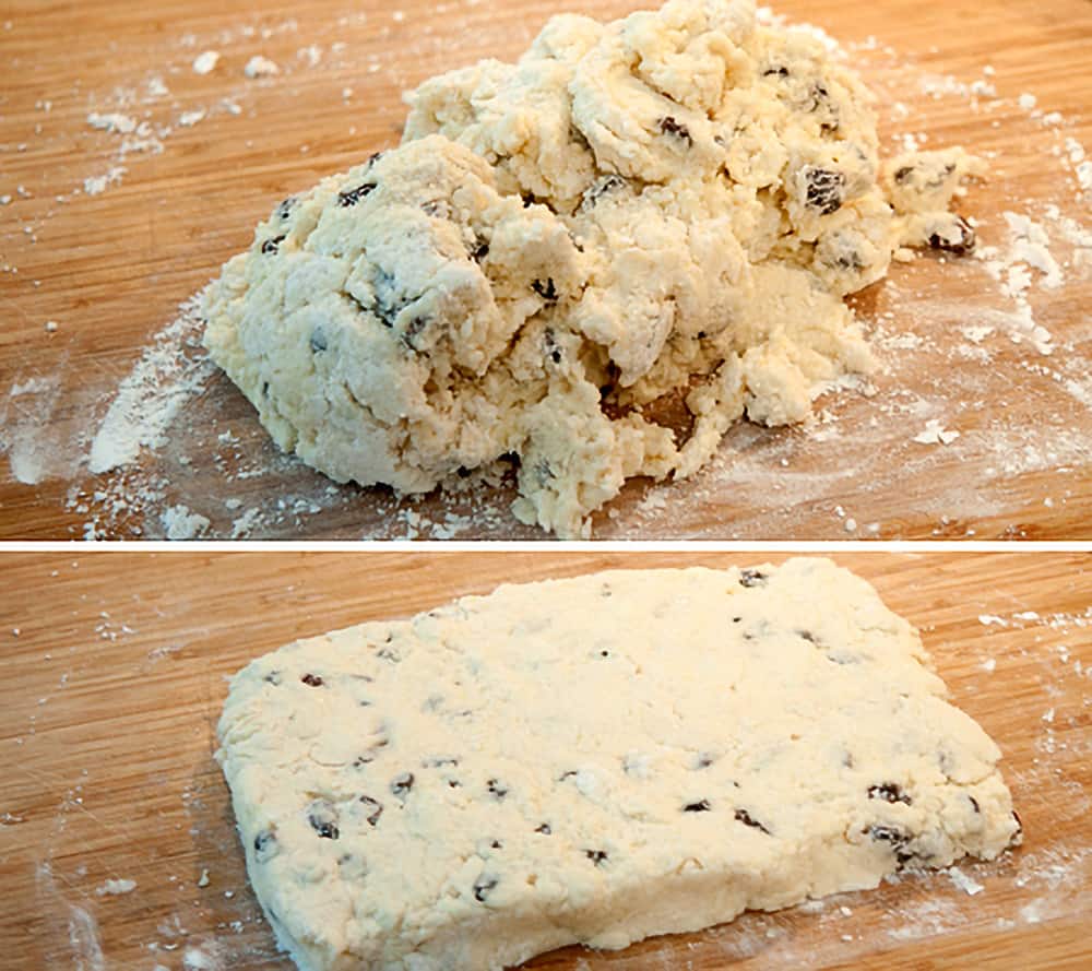 Dough formed into a rectangle on a board.