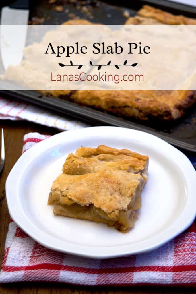 A slice of apple slab pie on a white plate.