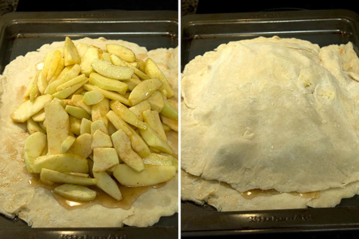 Apple slices on top of pie crust dough.