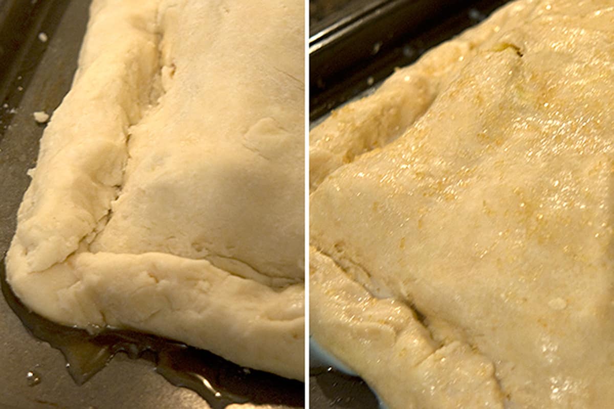 Close up showing the sealed edges of pie crust.