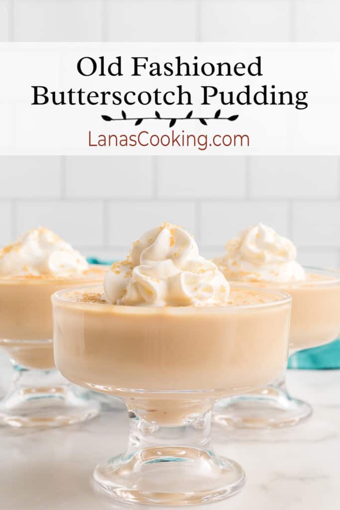 Three dishes filled with butterscotch pudding topped with whipped cream and turbinado sugar.