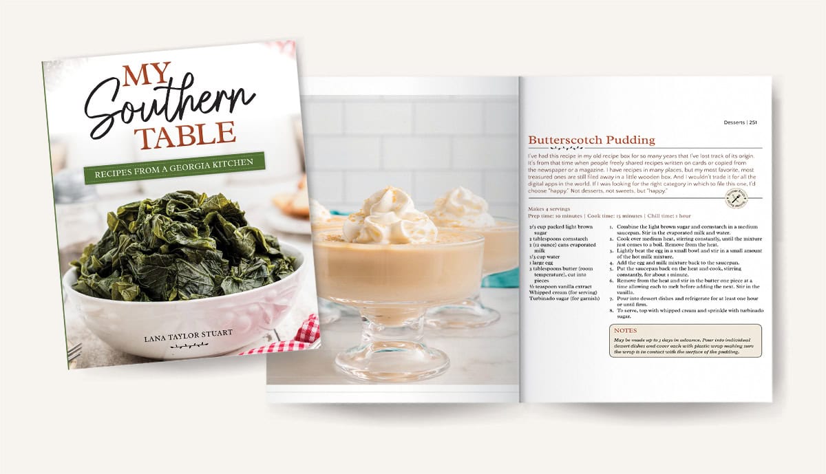 Cookbook cover with a bowl of greens and open pages showing a butterscotch pudding recipe and dessert photo.