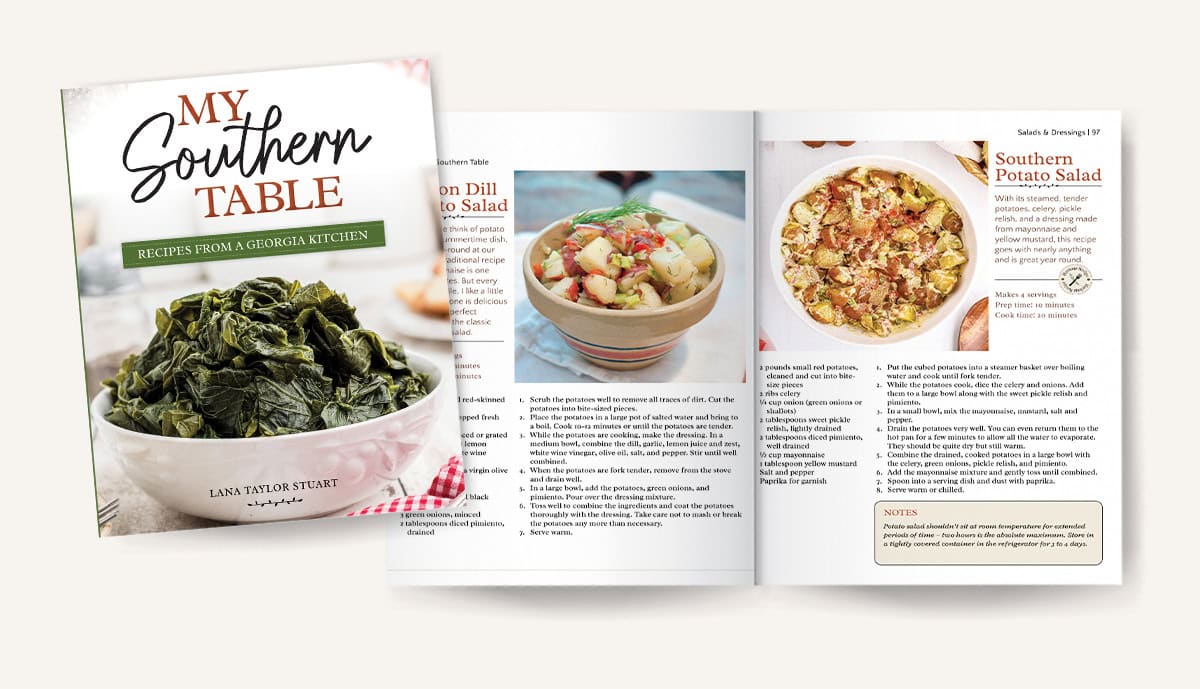 Cover and open pages of My Southern Table cookbook, featuring photos and recipes for salads.