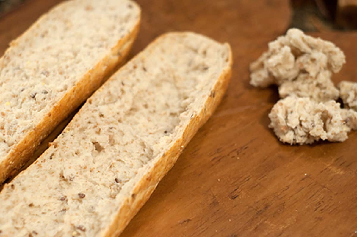 Prepping the baguette for the sandwich.