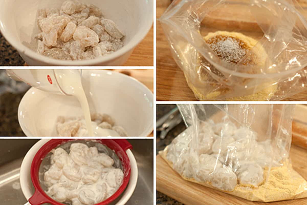 Photo collage showing how to prep the shrimp for oven frying.