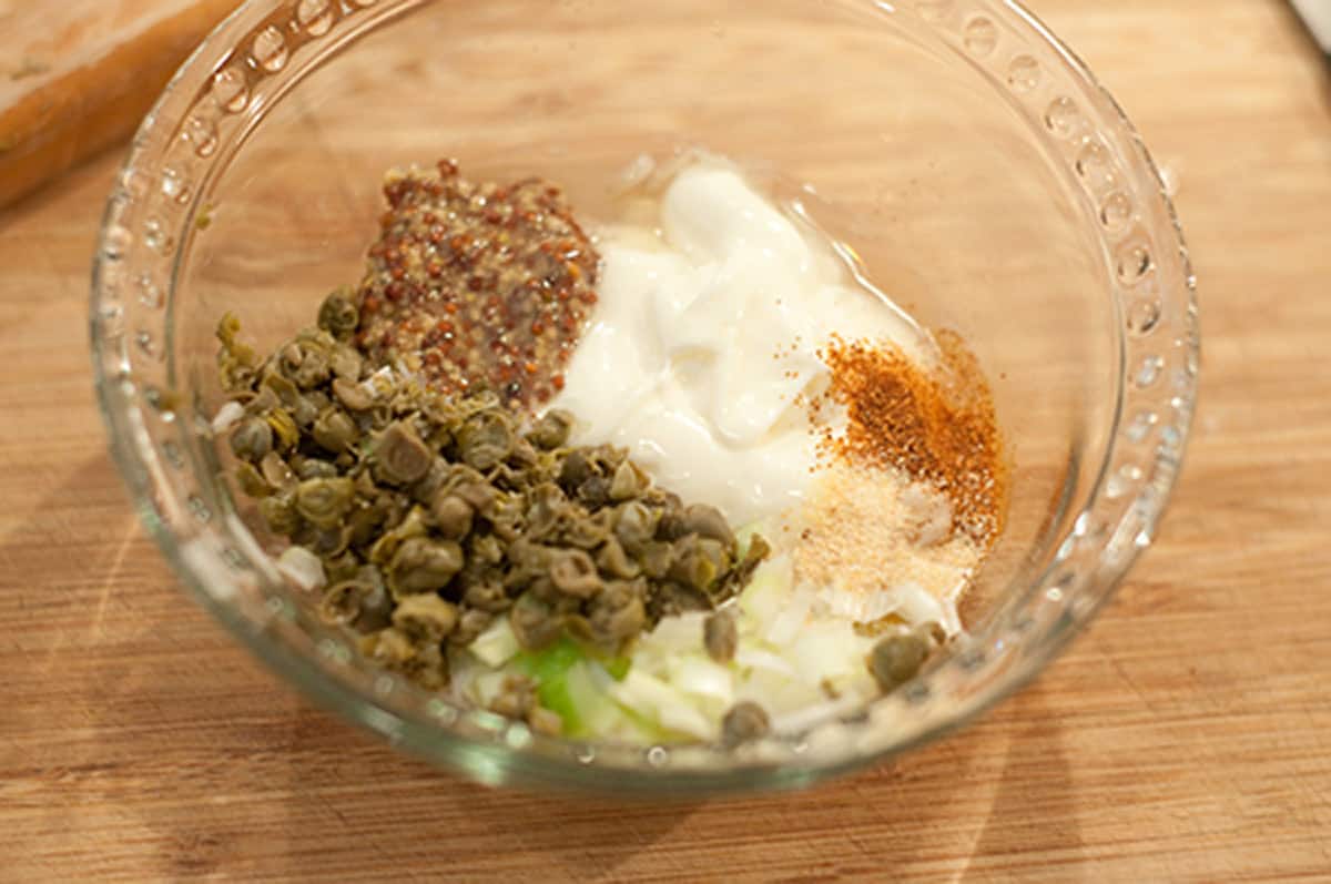 Ingredients for the Remoulade sauce in a small bowl.