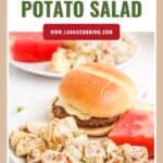 Plate with southern potato salad, a burger with cheese, and a slice of watermelon, text reads Southern Potato Salad.