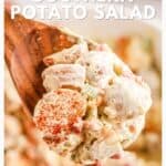 A wooden spoon holds creamy southern potato salad with paprika, over a blurred bowl of more potato salad.