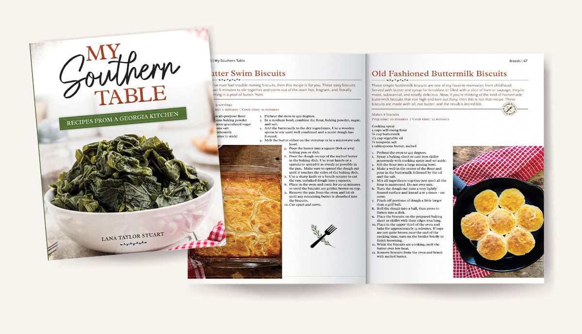 Mockup of pages 66-67 in My Southern Table cookbook.