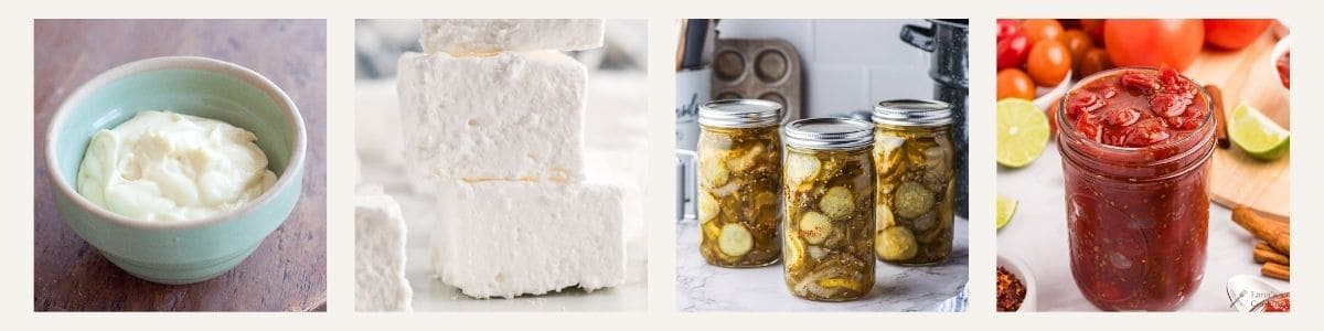 Four images side by side: a bowl of mayonnaise, a stack of marshmallows, jars of pickles, and a jar of red jam with tomatoes and lime in the background.