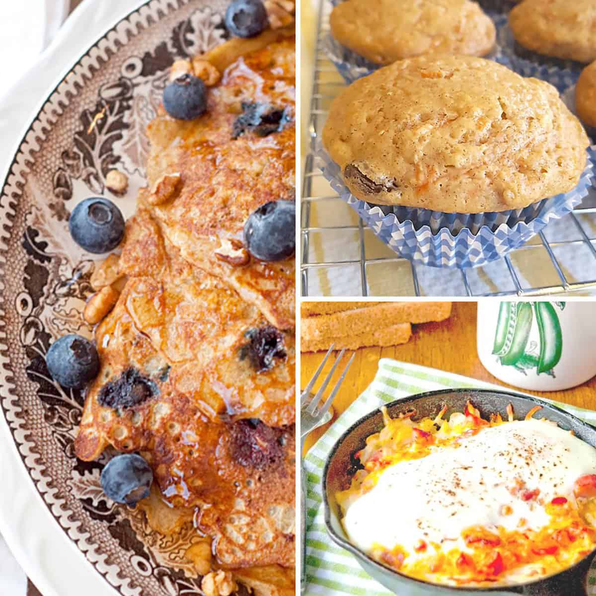 A collage of blueberry pancakes, a muffin on a cooling rack, and a skillet breakfast with eggs and vegetables.