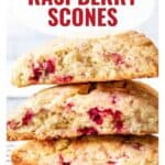Three golden scones with raspberry pieces, stacked on a cooling rack. Text reads Raspberry Scones.