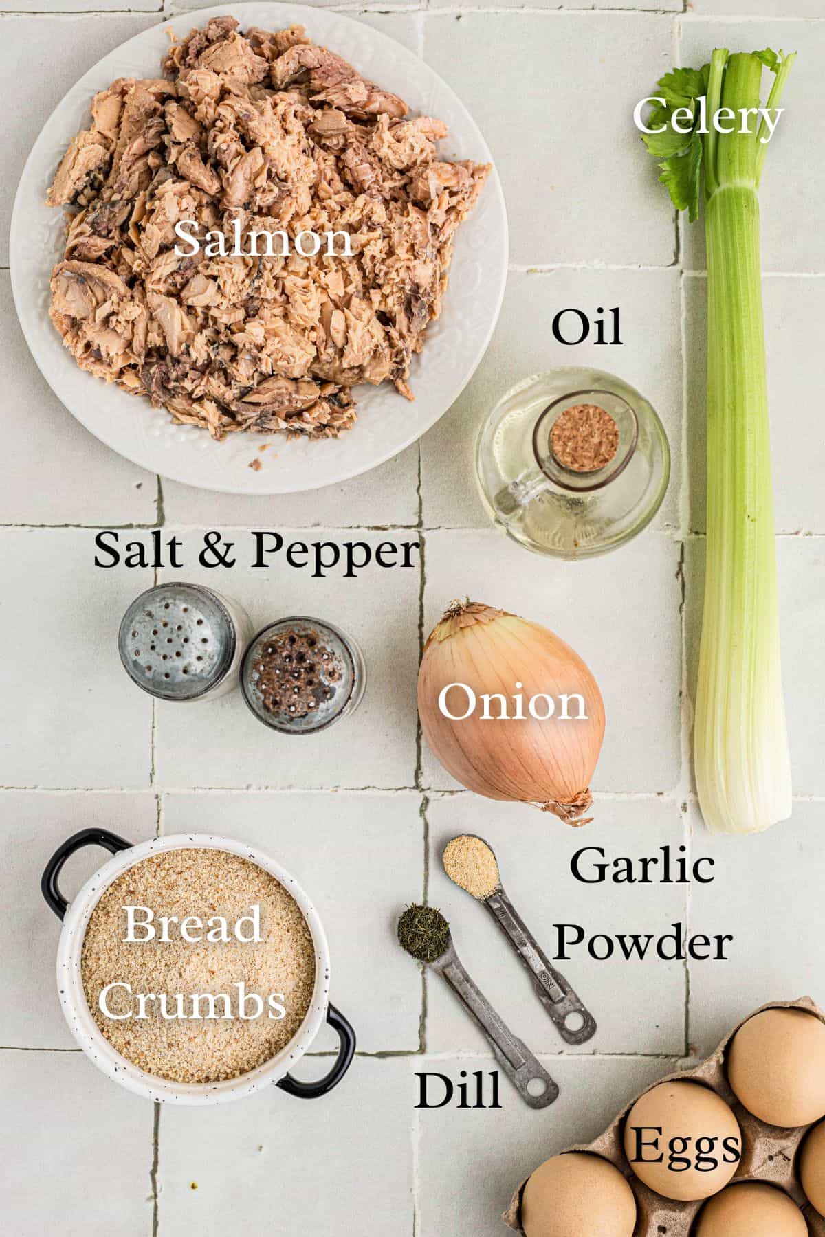 ingredients for salmon croquettes laid out in separate containers shot from above