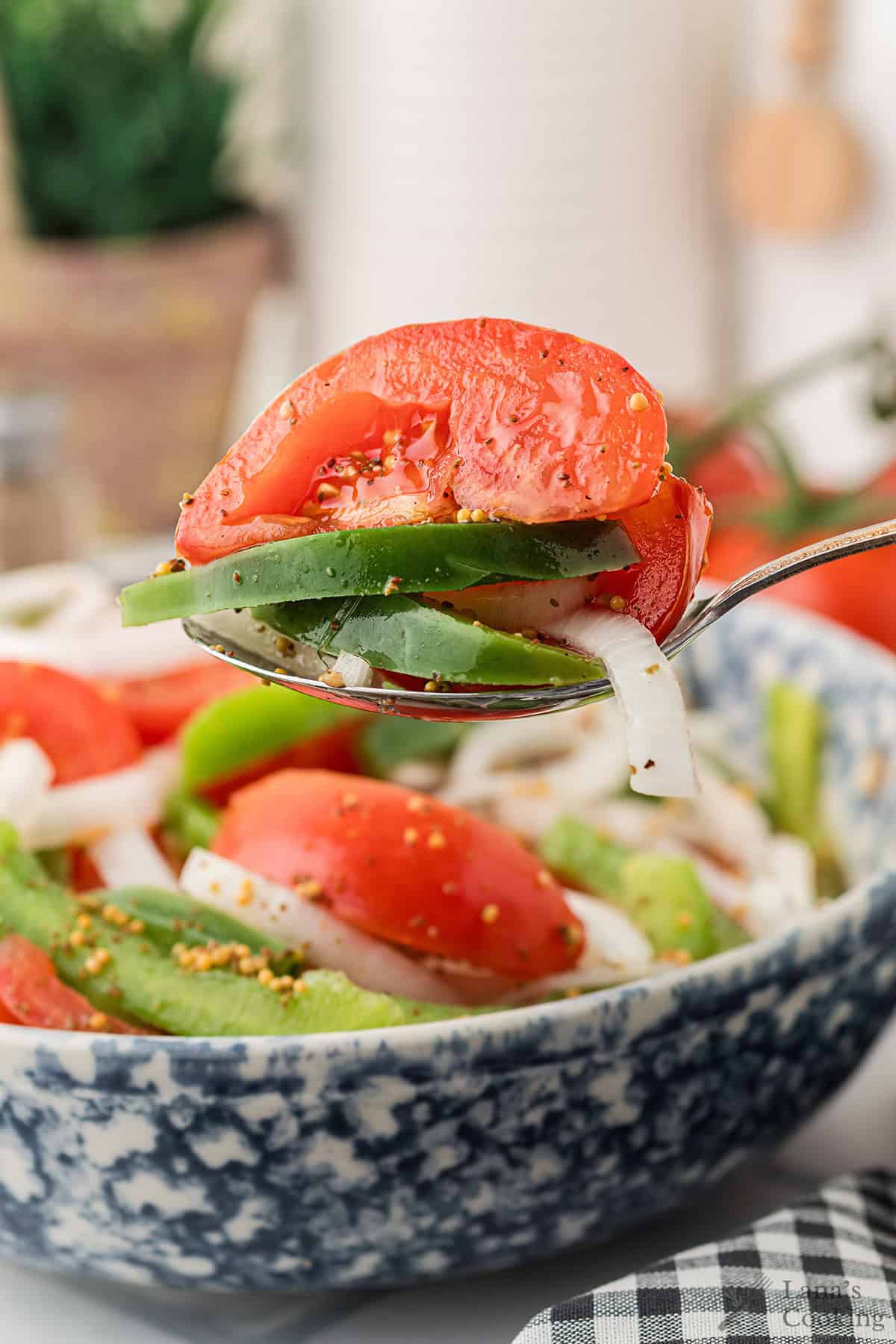 A spoonful of fresh salad with tomato, bell pepper, and onion above a blue and white bowl of the same salad.