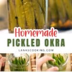 Finished jars of pickled okra with photos of packing the jars.