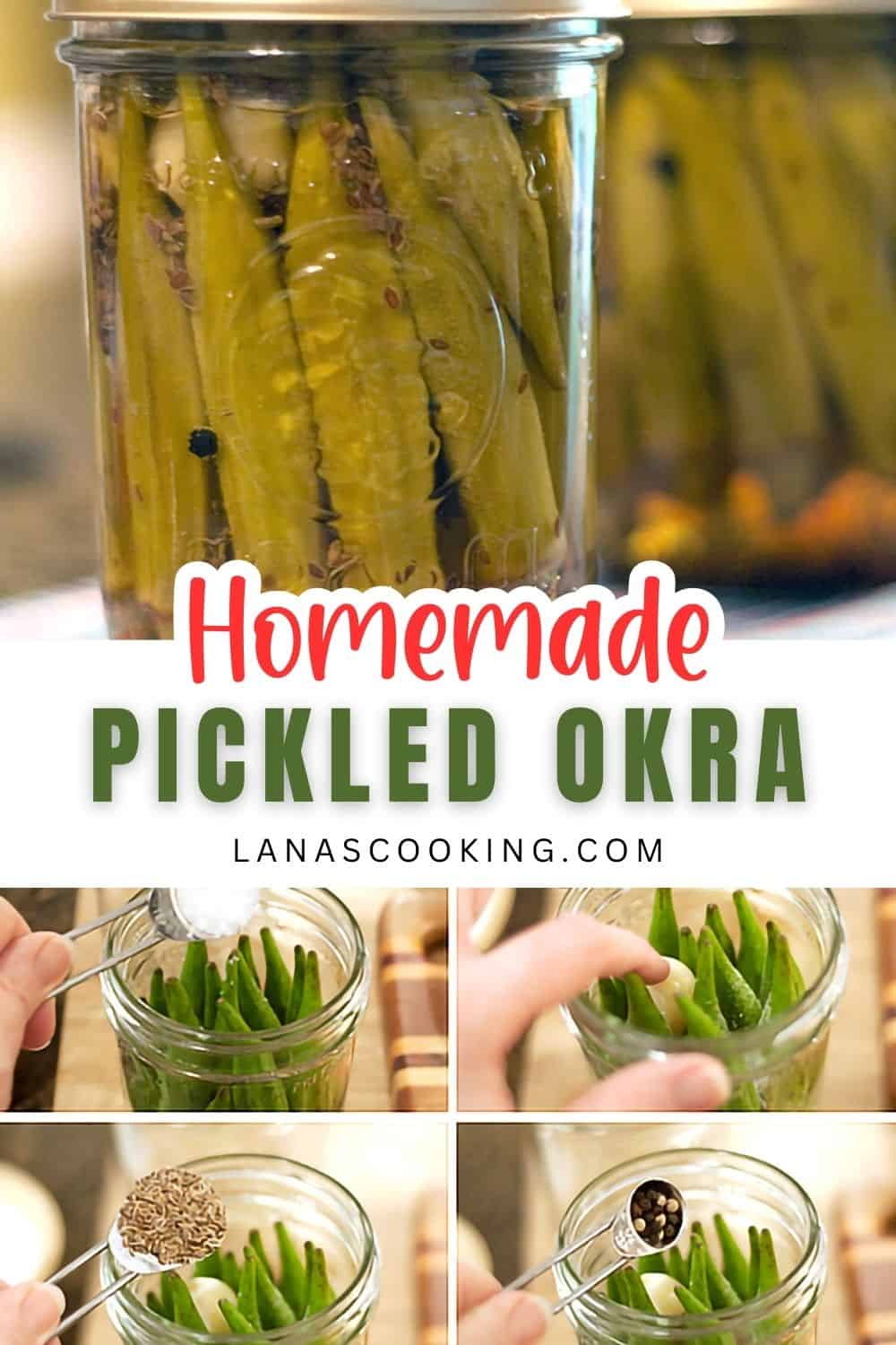 Finished jars of pickled okra with photos of packing the jars.