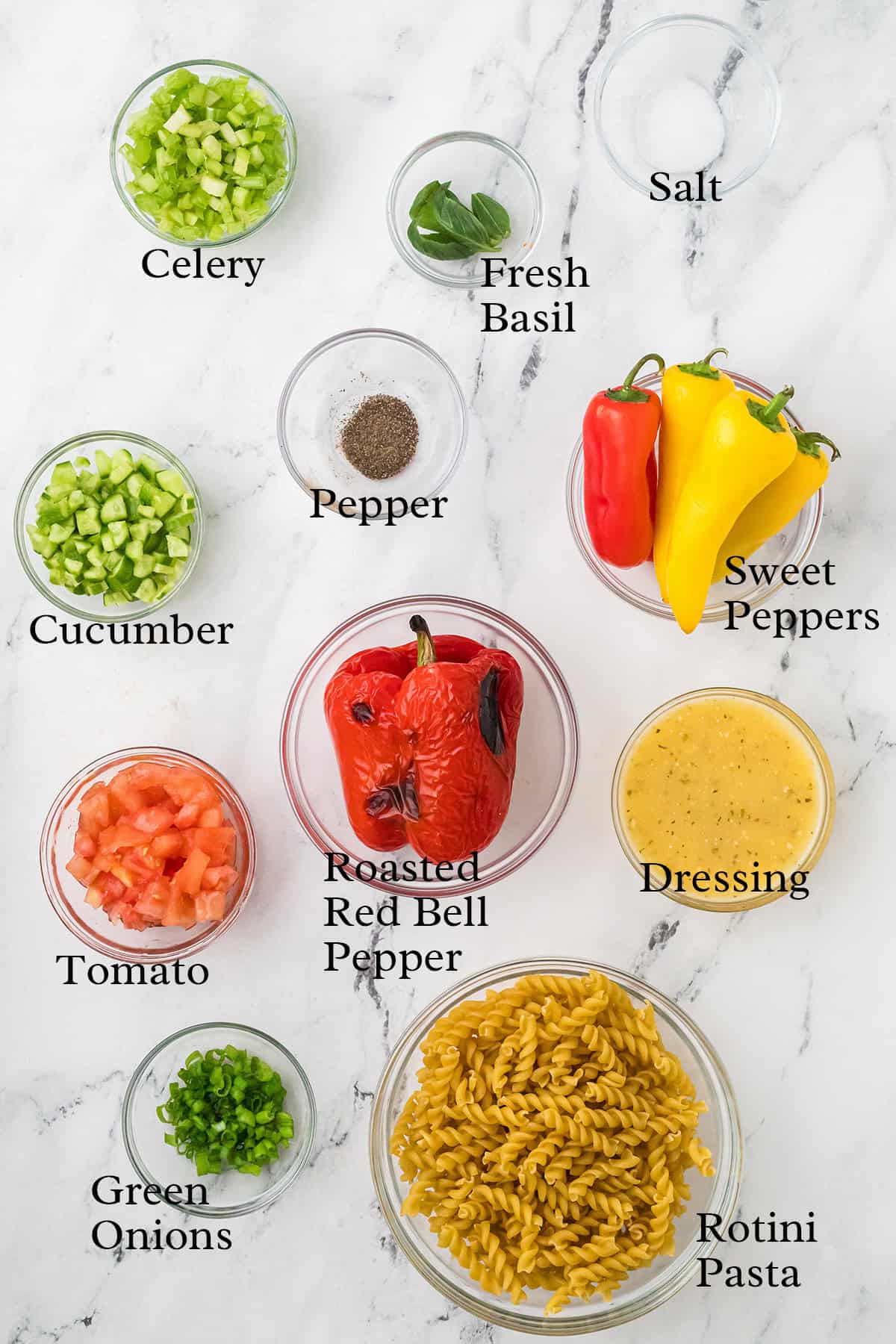 Ingredients for pasta salad: celery, basil, salt, peppers, cucumber, tomato, dressing, green onions, pasta.