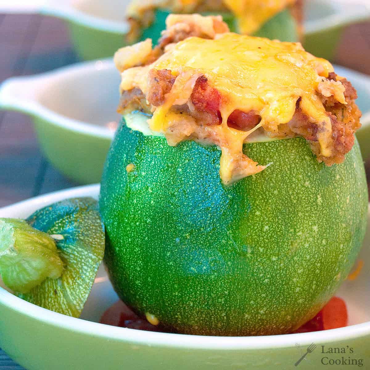 Finished zucchini with melted cheese on top.