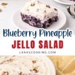 A slice of blueberry pineapple jello salad with cream topping, served on a white plate with a fork; larger dish with more salad in the background.